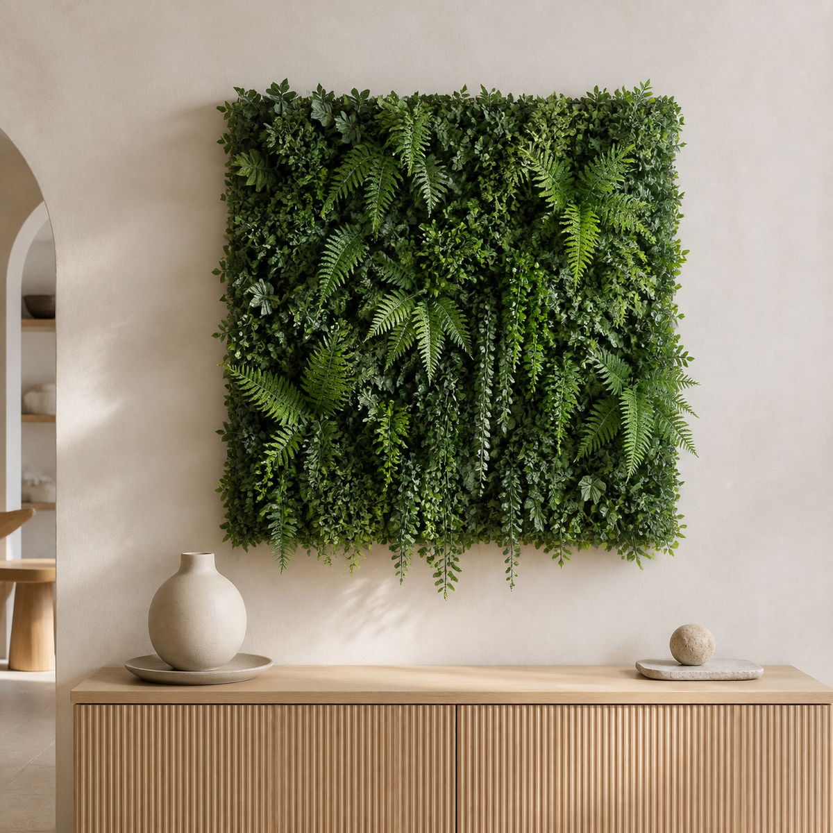 Premium artificial greenery wall panels in a contemporary European interior