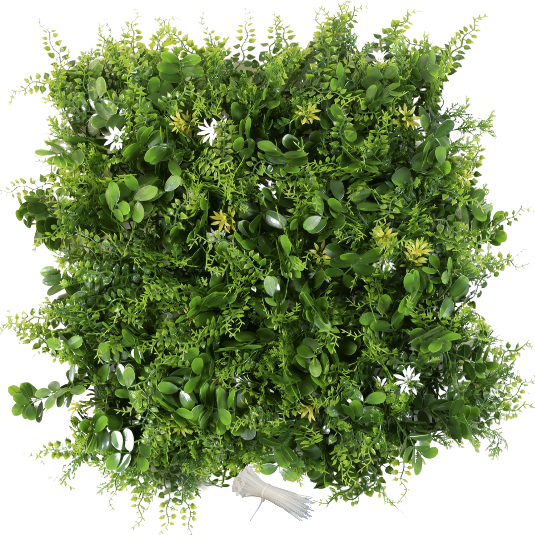 Zencewell Artificial Green Wall Panels with White Flowers – 50 x 50cm, 12 Pack Faux Greenery Privacy Screening for Indoor & Outdoor