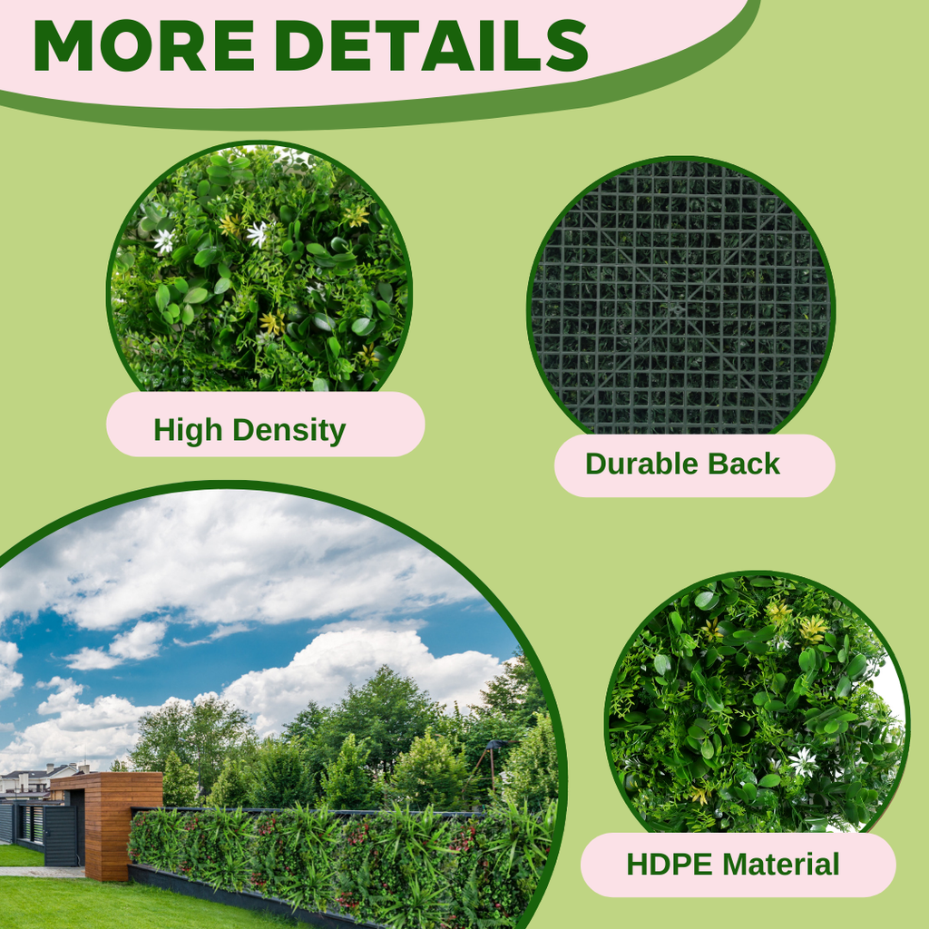 Zencewell Artificial Green Wall Panels with White Flowers – 50 x 50cm, 12 Pack Faux Greenery Privacy Screening for Indoor & Outdoor