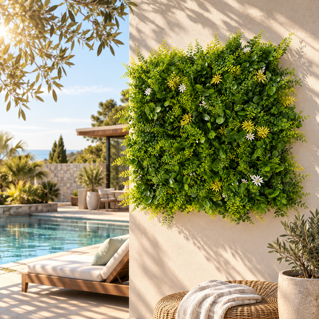 Zencewell Artificial Green Wall Panels with White Flowers – 50 x 50cm, 12 Pack Faux Greenery Privacy Screening for Indoor & Outdoor